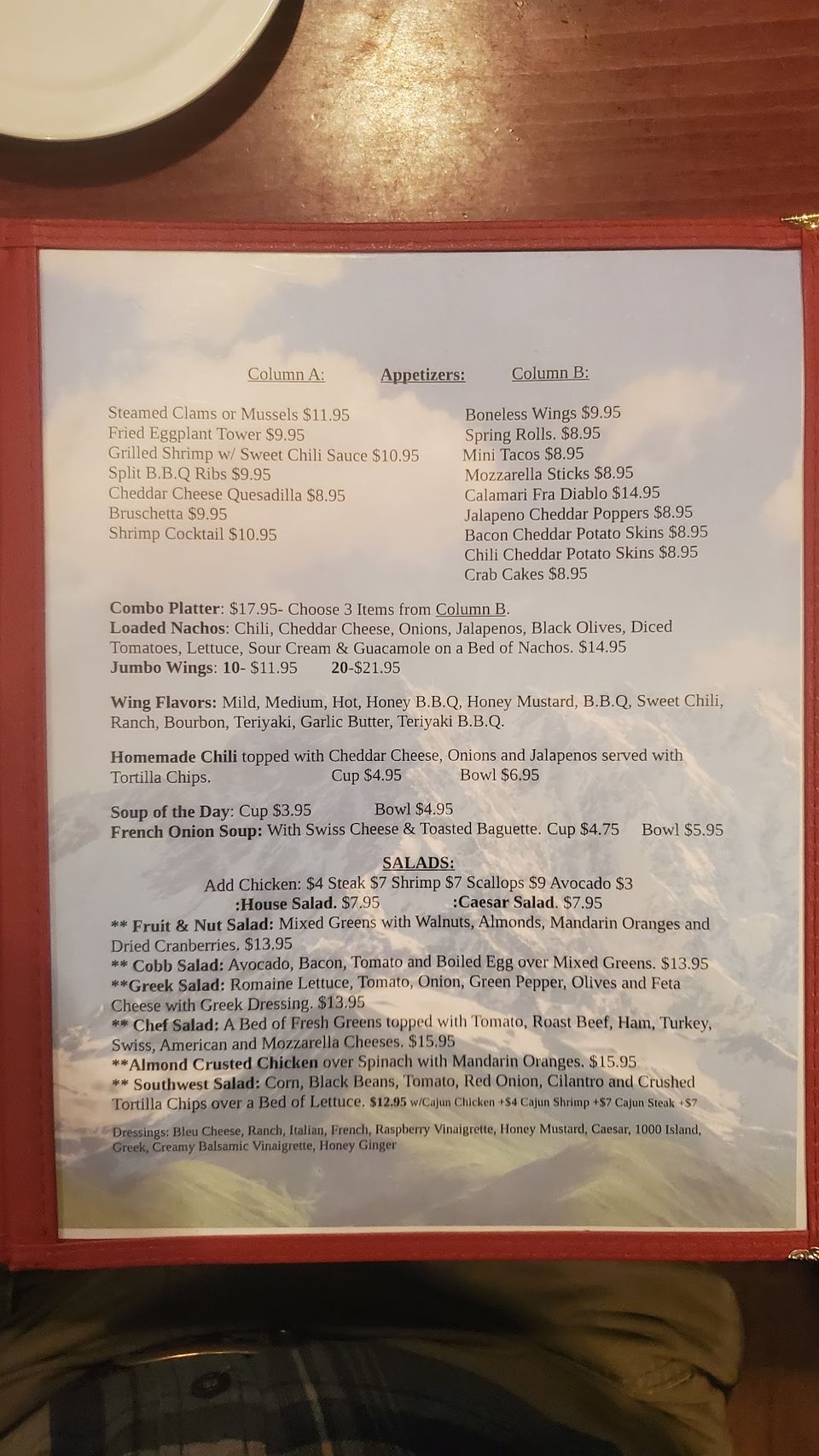 Food menu with comfort dishes listed.